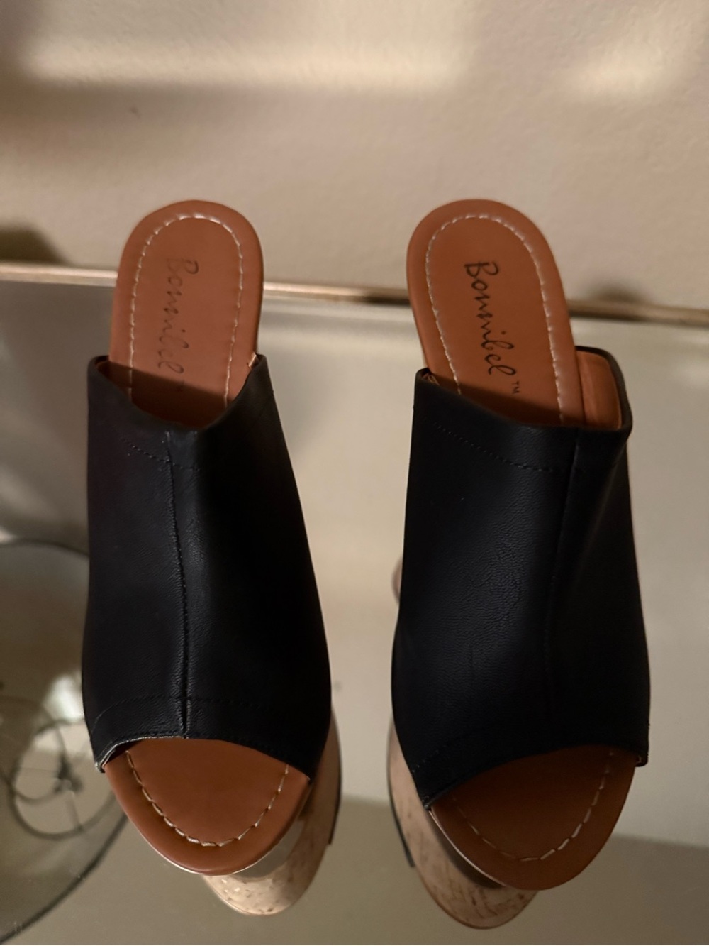 Black Open-Toe Wedge Mules